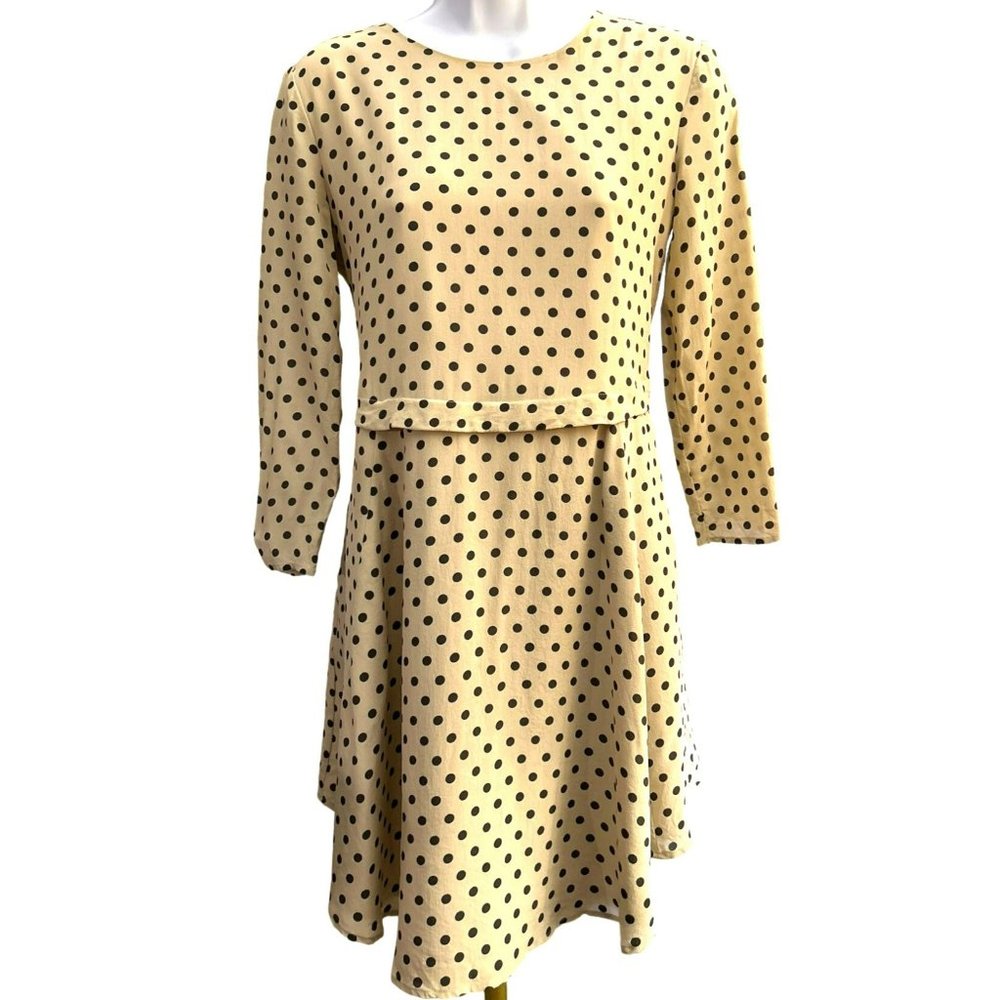 Madewell Women's Tan Black Polka Dot Mini 100% Silk Dress Size XS Scoop Hem